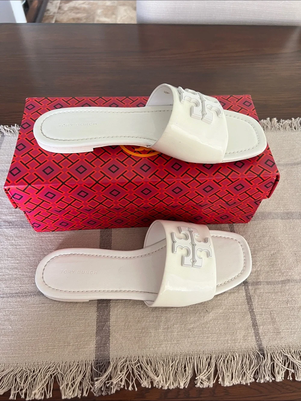 Tory Burch White Patent Miller Logo Slide Sandals